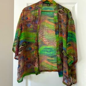 Cocoon House Peacock Feather Print Silk Open-Front Kimono Jacket/Cover Up Sz S/M